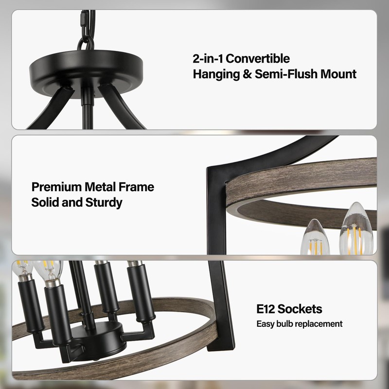 WBinDX 4-Light Farmhouse Chandelier, Metal Semi Flush Mount Ceiling Light