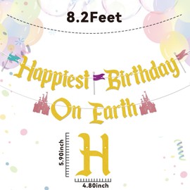 Happiest Birthday On Earth Banner - Castle Theme Birthday Banner, Happy Golden Birthday, Funny Princess Castle Birthday Party Decorations Gold Glitter