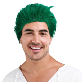 Men Short Straight Green Wig Halloween Male Short Green Wig Halloween Cosplay Anime Cosplay Costume Wigs for Men