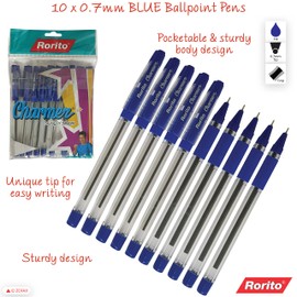 rorito 10 x Charmer BLUE 0.7mm Tip Ballpoint Pens Soft Grip Fast Smooth Writing
