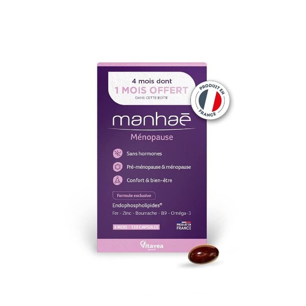 Vitavea Manhaé-Menopause Food Supplement without Hormones-Comfort & Wellness During Menopause-Folic Acid, Omega 3, Zinc, Iron - 120 Capsules - 4 Months Treatment - Made in France