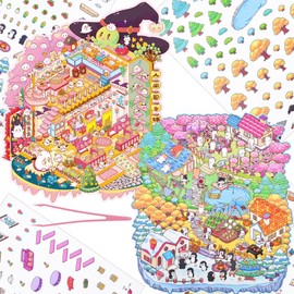 2 Sets DIY 3D Large Size Fun Animal House Sticker Scenes with Tweezers Make Your Own Breakfas Shop Four Seasons Town Scene Stickers Cute Micro Room Stickers for Relief Stress Pass The Time