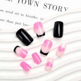 BFY Valentines Day Press on Nails Short Square Fake Nails, Black French Pink Glitter Heart Acrylic Nails Set Stick Glue on Nails, Glossy False Nails Nail Accessories Decorations 24 Pcs