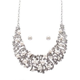 Accessoriesforever Bridal Wedding Prom Jewelry Set Crystal Rhinestone Pearl Stunning Classy Bib Necklace