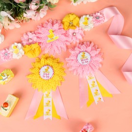 Cheerupp Duck Baby Shower Maternity Sash Kit - Pink Yellow Duck Baby Shower Belly Belt and Mom to Be & Dad to Be Corsage Pins, New Parents Pregnancy Photo Props Party Supplies