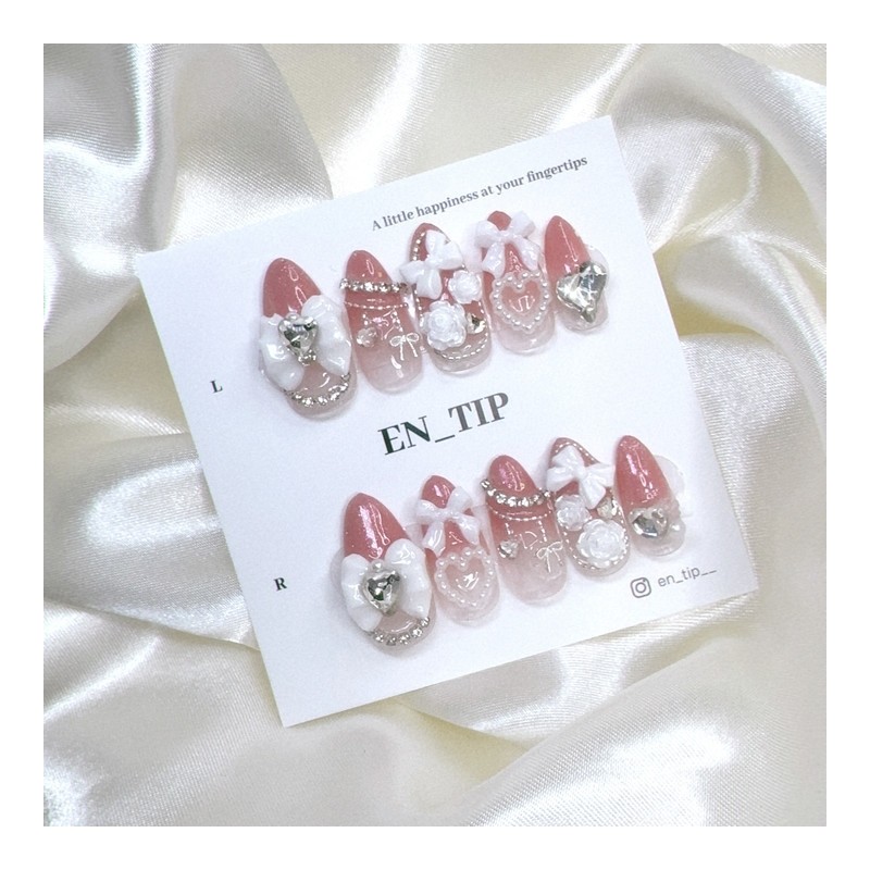 Peach Garden Ribbon Handmade Nail Tips - Short Almond /