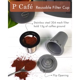 PALICO P Café - Reusable Filter Cup, Stainless Steel Mesh Filter, Special design water shower, durable filter cups, Coffee Brew with Coffee Accessories, Gray(2 Pack)