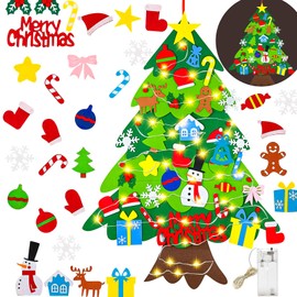 DIY Felt Christmas Tree Set with Led String Lights, Wall Hanging Decorations Felt Christmas Tree Kits for Xmas Party Favors, Christmas New Year Gift Decorations Party Supplier