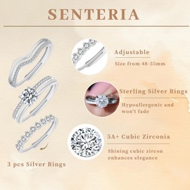 Senteria 3Pcs Silver Rings for Women,Sterling Silver Ring Adjustable Shiny Cubic Zirconia Thumb Rings for Women Stacking Rings Statement Ring Set for Women