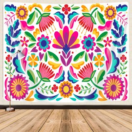 GOAOK Tapiz mexicano, colorido México, floral, estético tradicional, hippie, tapiz mexicano, ornamentado, étnico, pastel, plantas, tapiz para colgar en la pared, para recámara, sala de estar, 60 x 40