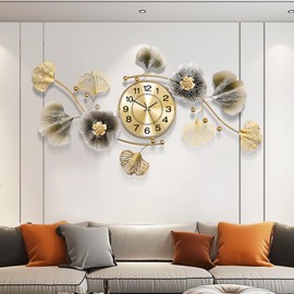 Axioglo Wall Clocks for Living Room Decor,Large Wall Clock,3D Creative Metal Ginkgo Leaf Design,with Silent Movement Wall Clocks for Home Wall Decor Clock（35"x20"）