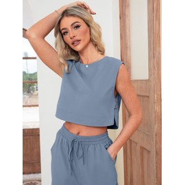 Glamaker Women's 2 Piece Linen Outfits Summer Beach Vacation Matching Sets Sleeveless Crop Top And Wide Leg Pants With Side Slit Blue S