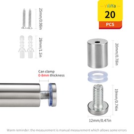 YiliYa Pack of 20 Stainless Steel Wall Spacers, Plexiglass, Sign Holder, Advertising Screw, Screw Glass Standoff Holder for Mounting and Fixing the Glass (12 x 25 mm)
