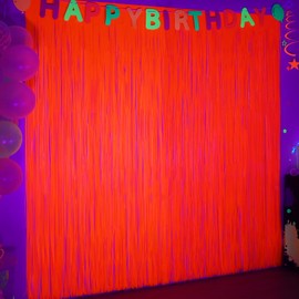 Mega-L Glow in The Dark Party Supplies, 2 Pack Neon Party Decorations 3.3 x 6.6 ft Fluorescent Macaron Orange Tinsel Foil Fringe Curtains, Photo Booth Prop Backdrop Streamer, Birthday Party Decor
