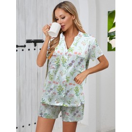 Famulily Leisure Wear Sets for Women 2 Piece Summer Pj Sets Cute Graphic Floral Tees and Shorts with Drawstring Mult XL