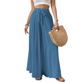 Bsubseach Wide Leg Pants Woman Flowy Floral Palazzo Pants for Women High Waisted Summer Casual Trousers Cruise Outfits Hazy Blue L