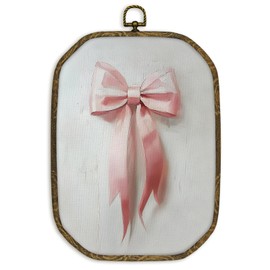 nvucamd Coquette Pink Bow Wall Art Decor Framed, Preppy Girly Octagon Canvas Prints Wall Art, Preppy Pink Bow Aesthetic Hanging Decor for Girls Room Bedroom Dorm, 10.2x7 Inches