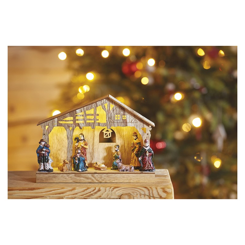 EMOS Weihnachtskrippe mit handbemalten Figuren, Weihnachtsdekoration mit 5 LEDs, warmweißes