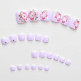 24pcs Flower Press on Toenails Short Square White French Tip Fake Toe Nails with Diamond Pearl Designs Summer Floral False Toenails Pink Flower Nail Tips Purple Full Cover Glue on Nails for Women