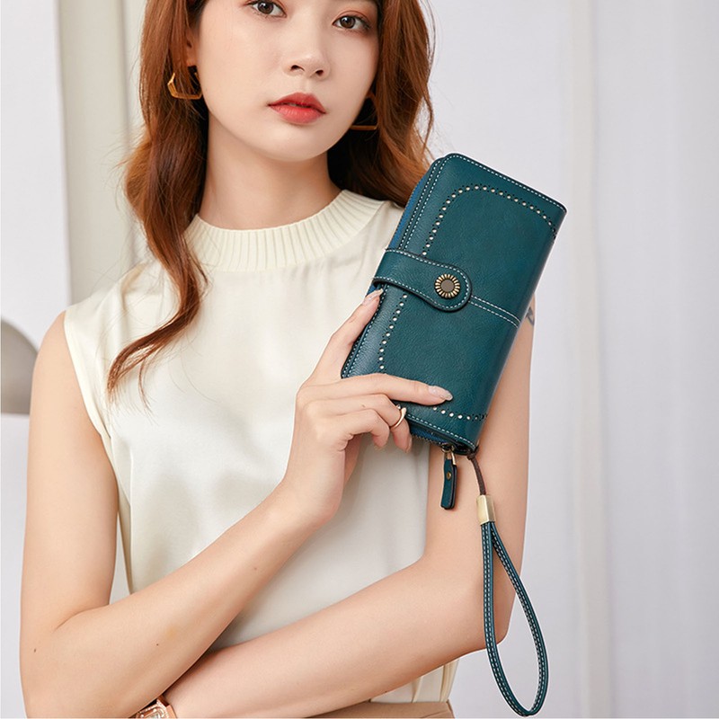 RFID Blocking Leather Wallet Large Capacity Double Snap Button Women