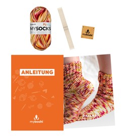 myboshi Dallas Knitting Set for Advanced Users, Includes mysocks Pixel Sock Wool, Needles, Instructions, Label, 75% Virgin Wool, 25% Polyamide, Orange (Spark) with Needle Set