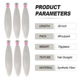 MSMUSAS Braiding Hair Pre Stretched 20 Inch 6Pcs/Pack Braid Hair Extensions for Women Synthetic Yaki Straight Hot Water Setting Braiding Hair for Braids (silver, 20 Inch)
