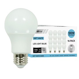 GT-Lite 16 Pack LED Light Bulbs,100 Watt Equivalent,15 Watt 5000K 1500LM A19 Shape, E26 Medium Base, Standard Household Llightbulb for Lamps, Living Room, Bedrooms