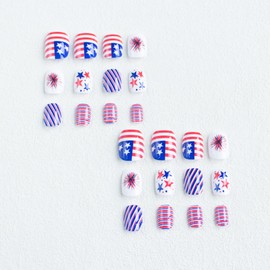 4th of July Fake Nails Short Press on Nails Red Blue White Acrylic Nails with American Flag and Firework Designs Independence Day False Nails Full Cover Glossy Stick on Nails for Women Girls 24Pcs