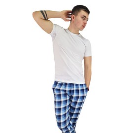 Mens Two Piece Flannel Pajama Set Ultra Soft Lounge Pants Crew Neck T-Shirt, White/Blue/Navy, 3XL