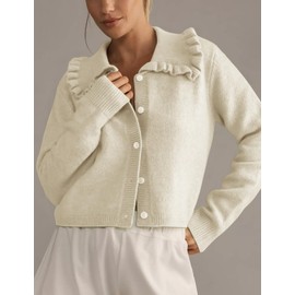 Arssm Womens Ruffle Collar Cardigan Cropped Button Down Open Front Sweaters Knitted Long Sleeve Spring 2025 Elegant Outwear(Apricot-S)