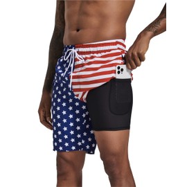 difficort Mens Swimming Trunks with Compression Liner Quick Dry Board Shorts Swimsuit with Zipper Pockets,Flag,Large