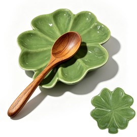 Ceramic Spoon Rest for Stove Top, Cute Green Lucky Four Leaf Clover Shaped Cooking Spoon Rest for Kitchen Counter, Coffee Spoon Holder Table Decor, Trinket Dish Ring Holder
