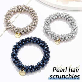 Reaky Pearl Hair Ties Blue Beads Hair Scrunchies Elastic Ponytail Holder 3 Pcs Pearls Hairband Hair Accessories for Women (Type B)