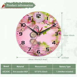 AZCXOIC Pink Wall Clocks Battery Operated,Pink Butterfly Flower Clock for Living Room,Decorative Wall Clock for Living Room, Bedroom, Bathroom and Kitchen,10 Inch