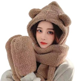 Women Winter Cute Cartoon Bear Ear Hat Warm Women Hoodie Hat Long Scarf Gloves Soft Plush Shawl Wraps Hooded Hat Coffee