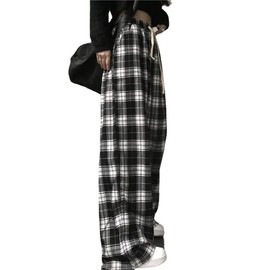 Grunge Plaid Pants Women Y2K Goth Alt Baggy Pants Aesthetic Drawstring Trousers Drawstring Fairycore Emo Clothes (Black,Large)