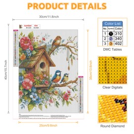 EOBROMD 5D Flowers Diamond Painting Kits for Adults, Full Round Drill Birds Diamond Art Kits, Birdhouse Crystal Art Kits for Home Wall Decor Gifts 30x40cm