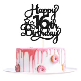 1 paquete de decoración para tarta de 16 cumpleaños con purpurina dulce para 16 tartas de cumpleaños 16 decoraciones para tartas para niños, suministros para fiestas temáticas de 16 cumpleaños, color negro