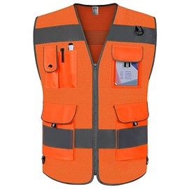 TCCFCCT Mesh High Visibility Vest With 9 Pockets - Hi Vis Reflective Safety for Men Women, Surveyor Work With Reinforced Sewing, Durable, Breathable, Meets ANSI/ISEA (CA-Orange Small)
