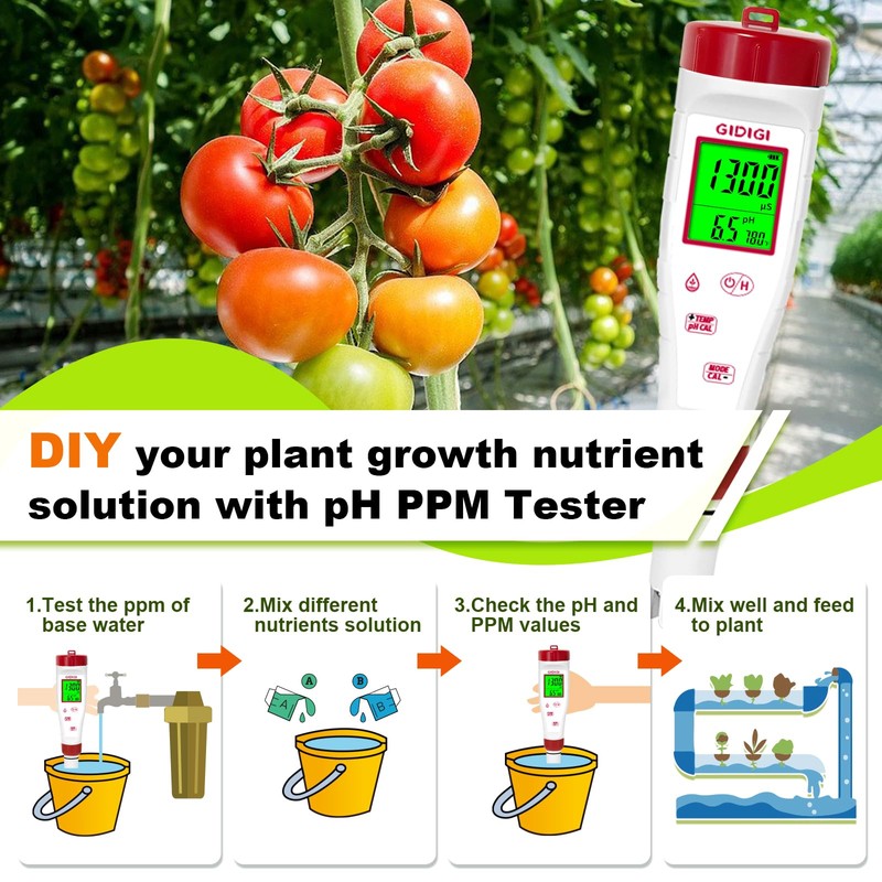 pH Meter for Hydroponic Water,Digital EC ppm Tester for Nutrients,pH