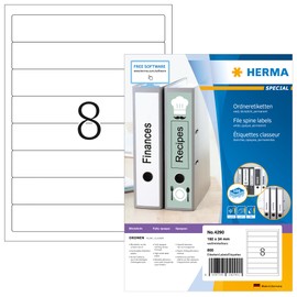 HERMA HERMA 4290 Ordnerrücken Etiketten kurz schmal, 100 Blatt, 192 x 34 mm, 8 pro A4 Bogen, 800 Stück, selbstklebend, bedruckbar, blickdicht, blanko Papier Ordneretiketten Rückenschilder Aufkleber, weiß