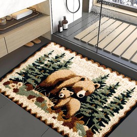 Bear Rug Mat Farmhouse Bathroom Rugs Animal Brown Bear Forest Trees Rustic Cabin Carpet Camping Bath Rug Sets for Bathroom Bedroom Kitchen Outdoor Indoor 19X31 Inch