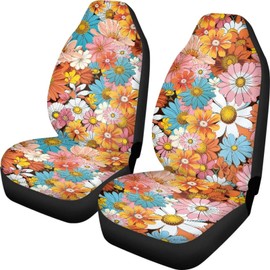 Brosoneto Groovy Hippie Flower Daisy Car Seat Covers Full Set of 2, Cloth Seat for Auto Front Seats, Black Seat Covers Cars Washable Breathable Car Accessories for Sedan Truck SUV