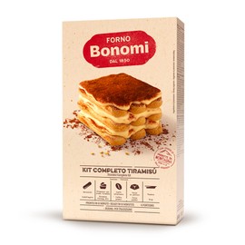 Forno Bonomi Kit Tiramisù. Il kit completo per la preparazione del tiramisù aggiungendo solo latte, senza bisogno di cottura. La confezione contiene 6 porzioni.