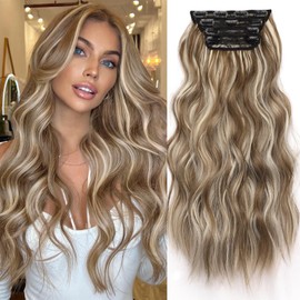 KooKaStyle Clip in Synthetic Hair Extensions Long Wavy 4PCS Thick Hairpieces Brown mix Ash Blonde P10/88 Fiber Double Weft Natural Hair Extensions 20 Inch for Women
