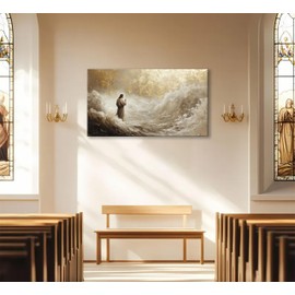 Jesus Walking on Water Canvas Wall Art Christian Walking With God Paintings Pictures Wall Decor Religious Bible Stories Printing Artwork for Living Room Bedroom Church Home Decoration Ready To Hang
