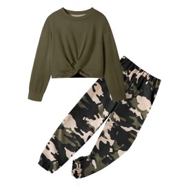 NECIOUS Girls Fall Outfits 2 Piece Girls' Clothing Sets Fashion Twist Front Sweatshirt Camo Pants Kids Girls Clothes 5t Girls Clothes Size 6