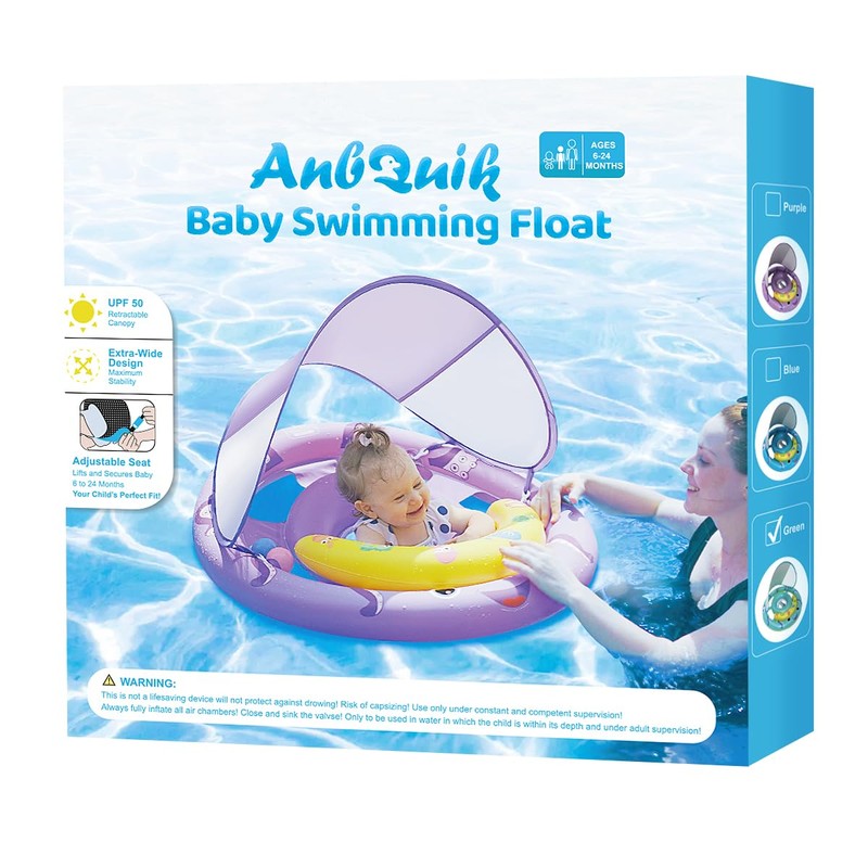 AnbQuik Baby Pool Float with Removable UPF50+ Sun Protection Canopy,