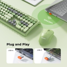 Colorful Wireless Computer Keyboards Mouse Combos,Full-Size Retro Typewiter Keyboard, 4 Level DPI Adjustable Wireless Mouse, 2.4GHz Connection with Optical Mouse, Green