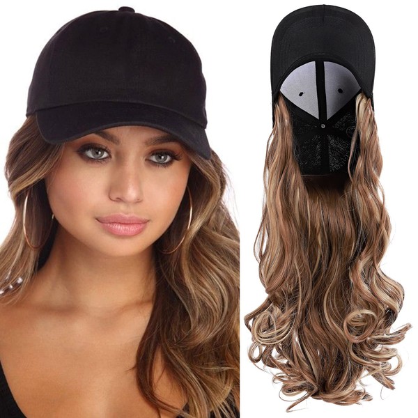S-noilite 16" Baseball Cap with Hair Baseball Hats with Hair Attached Curly Wavy Cap Wig with Hair Extensions Adjustable Culry Baseball Hat Wig for Women (16" -Curly, Light Brown & Ash Blonde)